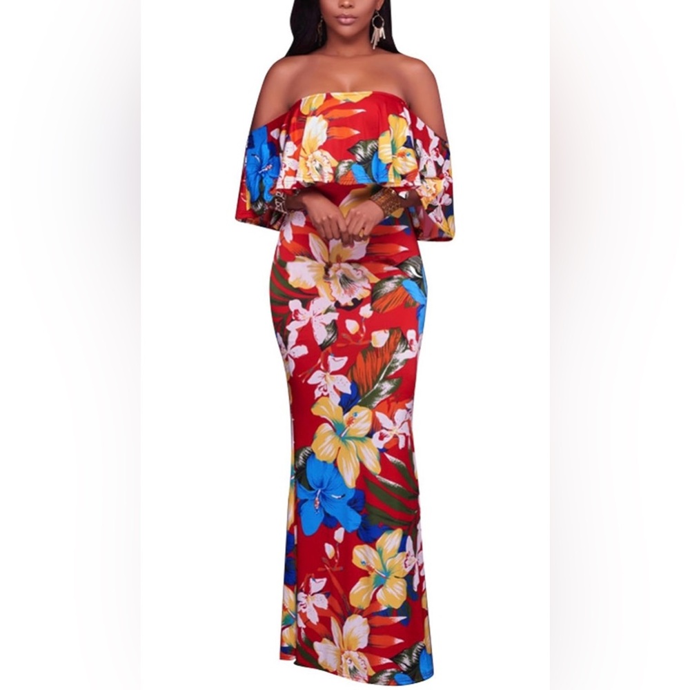 Hawaiian Ruffled Off Shoulder Bodycon Long Party Maxi Dress